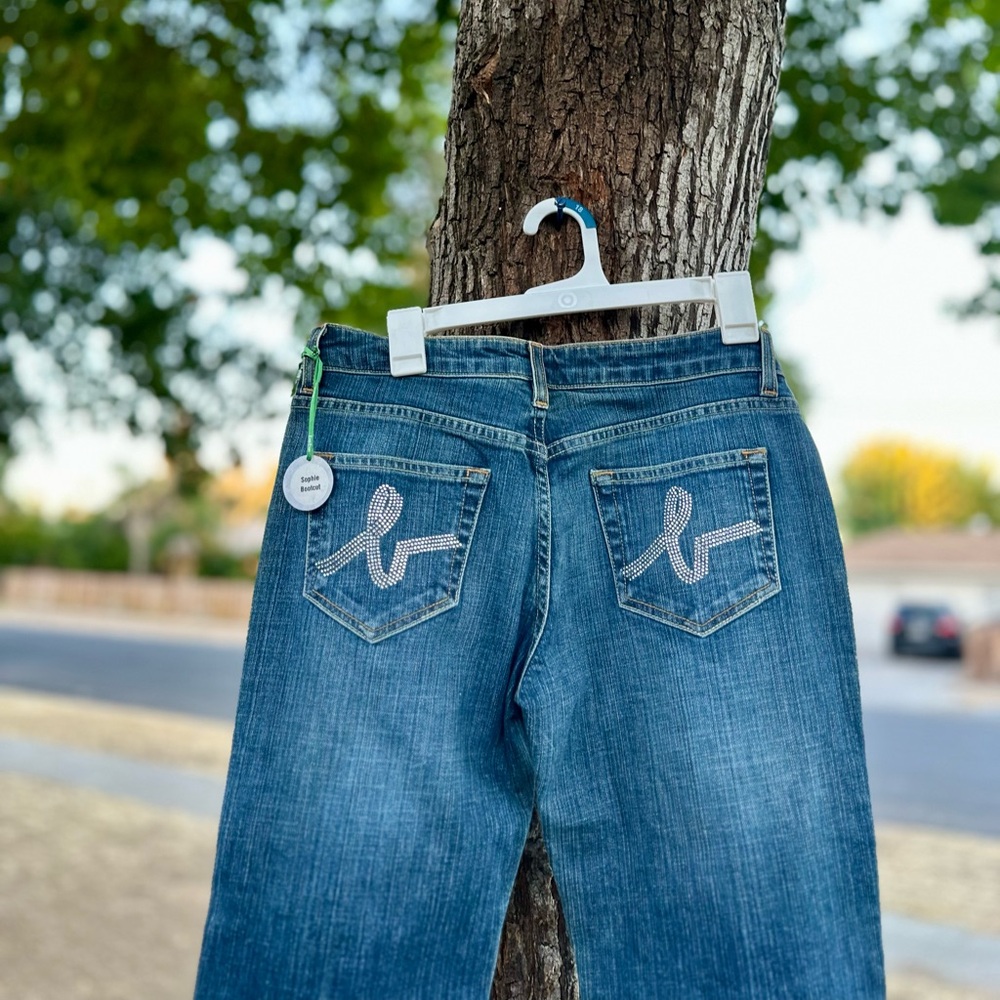 Bebe Rhinestone Pockets Y2K Vintage Blue Denim Jeans - Picture 4 of 7